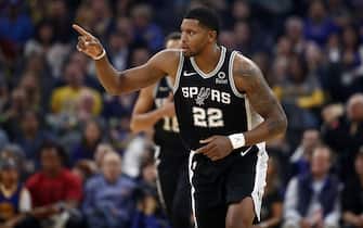SAN FRANCISCO, CALIFORNIA - NOVEMBER 01:  Rudy Gay #22 of the San Antonio Spurs reacts after making a basket against the Golden State Warriors at Chase Center on November 01, 2019 in San Francisco, California.  NOTE TO USER: User expressly acknowledges and agrees that, by downloading and or using this photograph, User is consenting to the terms and conditions of the Getty Images License Agreement. (Photo by Ezra Shaw/Getty Images)