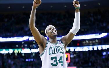 BOSTON, MA - FEBRUARY 10: Boston Celtics small forward Paul Pierce (34) celebrates the win at the end of the Boston Celtics 118-114 3OT victory over the Denver Nuggets at TD Garden on February 10, 2013 in Boston, Massachusetts. NOTE TO USER: User expressly acknowledges and agrees that, by downloading and or using this photograph, User is consenting to the terms and conditions of the Getty Images License Agreement. (Photo by Chris Elise/Getty Images)
