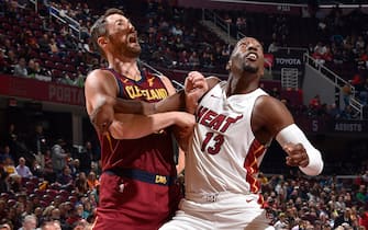 1182406852 CLEVELAND, OH - NOVEMBER 14: Kevin Love #0 of the Cleveland Cavaliers and Bam Adebayo #13 of the Miami Heat fight for the rebound on November 14, 2019 at Quicken Loans Arena in Cleveland, Ohio. NOTE TO USER: User expressly acknowledges and agrees that, by downloading and/or using this Photograph, user is consenting to the terms and conditions of the Getty Images License Agreement. Mandatory Copyright Notice: Copyright 2019 NBAE (Photo by David Liam Kyle/NBAE via Getty Images)