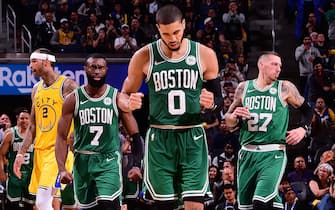 SAN FRANCISCO, CA - NOVEMBER 15: Jayson Tatum #0 of the Boston Celtics reacts to a play against the Golden State Warriors on November 15, 2019 at Chase Center in San Francisco, California. NOTE TO USER: User expressly acknowledges and agrees that, by downloading and or using this photograph, user is consenting to the terms and conditions of Getty Images License Agreement. Mandatory Copyright Notice: Copyright 2019 NBAE (Photo by Noah Graham/NBAE via Getty Images)