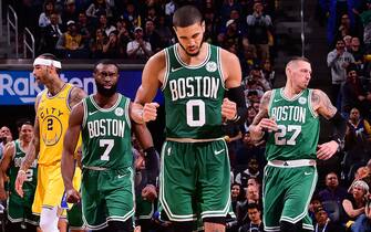 1182753724 SAN FRANCISCO, CA - NOVEMBER 15: Jayson Tatum #0 of the Boston Celtics reacts to a play against the Golden State Warriors on November 15, 2019 at Chase Center in San Francisco, California. NOTE TO USER: User expressly acknowledges and agrees that, by downloading and or using this photograph, user is consenting to the terms and conditions of Getty Images License Agreement. Mandatory Copyright Notice: Copyright 2019 NBAE (Photo by Noah Graham/NBAE via Getty Images)
