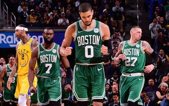 SAN FRANCISCO, CA - NOVEMBER 15: Jayson Tatum #0 of the Boston Celtics reacts to a play against the Golden State Warriors on November 15, 2019 at Chase Center in San Francisco, California. NOTE TO USER: User expressly acknowledges and agrees that, by downloading and or using this photograph, user is consenting to the terms and conditions of Getty Images License Agreement. Mandatory Copyright Notice: Copyright 2019 NBAE (Photo by Noah Graham/NBAE via Getty Images)