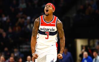 MINNEAPOLIS, MN - NOVEMBER 15: Bradley Beal #3 of the Washington Wizards celebrates after shooting a three point shot against the Minnesota Timberwolves in the third quarter of the game at Target Center on November 15, 2019 in Minneapolis, Minnesota. The Wizards defeated the Timberwolves 137-116. NOTE TO USER: User expressly acknowledges and agrees that, by downloading and or using this Photograph, user is consenting to the terms and conditions of the Getty Images License Agreement. (Photo by David Berding/Getty Images)