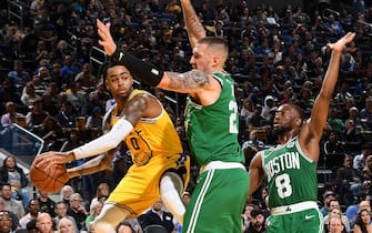 SAN FRANCISCO, CA - NOVEMBER 15: D'Angelo Russell #0 of the Golden State Warriors handles the ball against the Boston Celtics on November 15, 2019 at Chase Center in San Francisco, California. NOTE TO USER: User expressly acknowledges and agrees that, by downloading and or using this photograph, user is consenting to the terms and conditions of Getty Images License Agreement. Mandatory Copyright Notice: Copyright 2019 NBAE (Photo by Noah Graham/NBAE via Getty Images)
