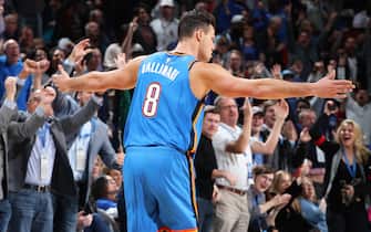 OKLAHOMA CITY, OK- NOVEMBER 15: Danilo Gallinari #8 of the Oklahoma City Thunder reacts to a made shot during a game against the Philadelphia 76ers on November 15, 2019 at Chesapeake Energy Arena in Oklahoma City, Oklahoma. NOTE TO USER: User expressly acknowledges and agrees that, by downloading and or using this photograph, User is consenting to the terms and conditions of the Getty Images License Agreement. Mandatory Copyright Notice: Copyright 2019 NBAE (Photo by Zach Beeker/NBAE via Getty Images)