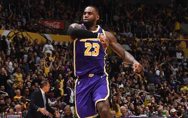 LOS ANGELES, CA - NOVEMBER 15: LeBron James #23 of the Los Angeles Lakers celebrates during a game against the Sacramento Kings on November 15, 2019 at STAPLES Center in Los Angeles, California. NOTE TO USER: User expressly acknowledges and agrees that, by downloading and/or using this Photograph, user is consenting to the terms and conditions of the Getty Images License Agreement. Mandatory Copyright Notice: Copyright 2019 NBAE (Photo by Andrew D. Bernstein/NBAE via Getty Images)