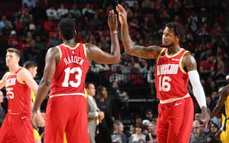 HOUSTON, TX - NOVEMBER 15: James Harden #13 and Ben McLemore #16 of the Houston Rockets hi-five during a game against the Indiana Pacers on November 15, 2019 at the Toyota Center in Houston, Texas. NOTE TO USER: User expressly acknowledges and agrees that, by downloading and or using this photograph, User is consenting to the terms and conditions of the Getty Images License Agreement. Mandatory Copyright Notice: Copyright 2019 NBAE (Photo by Cato Cataldo/NBAE via Getty Images)