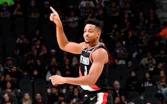 1182957534 SAN ANTONIO, TX - NOVEMBER 16: CJ McCollum #3 of the Portland Trail Blazers reacts to a play against the San Antonio Spurs on November 16, 2019 at the AT&T Center in San Antonio, Texas. NOTE TO USER: User expressly acknowledges and agrees that, by downloading and or using this photograph, user is consenting to the terms and conditions of the Getty Images License Agreement. Mandatory Copyright Notice: Copyright 2019 NBAE (Photos by Logan Riely/NBAE via Getty Images)