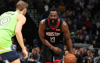 1182961749 MINNEAPOLIS, MN - NOVEMBER 16: James Harden #13 of the Houston Rockets handles the ball during a game against the Minnesota Timberwolves on November 16, 2019 at Target Center in Minneapolis, Minnesota. NOTE TO USER: User expressly acknowledges and agrees that, by downloading and or using this Photograph, user is consenting to the terms and conditions of the Getty Images License Agreement. Mandatory Copyright Notice: Copyright 2019 NBAE (Photo by David Sherman/NBAE via Getty Images)