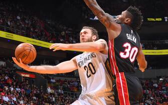 1182957262 MIAMI, FL - NOVEMBER 16: Nicolo Melli #20 of the New Orleans Pelicans shoots the ball against the Miami Heat on November 16, 2019 at the American Airlines Arena in Miami, Florida. NOTE TO USER: User expressly acknowledges and agrees that, by downloading and/or using this Photograph, user is consenting to the terms and conditions of the Getty Images License Agreement. Mandatory Copyright Notice: Copyright 2019 NBAE (Photo by Jesse D. Garrabrant/NBAE via Getty Images)