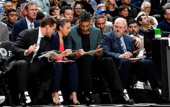 1182962169 SAN ANTONIO, TX - NOVEMBER 16: The San Antonio Spurs coaching staff looks over plays during the game against the Portland Trail Blazers on November 16, 2019 at the AT&T Center in San Antonio, Texas. NOTE TO USER: User expressly acknowledges and agrees that, by downloading and or using this photograph, user is consenting to the terms and conditions of the Getty Images License Agreement. Mandatory Copyright Notice: Copyright 2019 NBAE (Photos by Logan Riely/NBAE via Getty Images)
