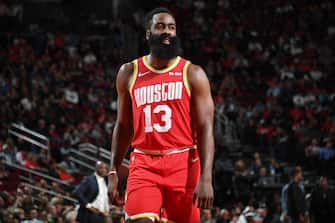 HOUSTON, TX - NOVEMBER 15: James Harden #13 of the Houston Rockets looks on against the Indiana Pacers  on November 15, 2019 at the Toyota Center in Houston, Texas. NOTE TO USER: User expressly acknowledges and agrees that, by downloading and or using this photograph, User is consenting to the terms and conditions of the Getty Images License Agreement. Mandatory Copyright Notice: Copyright 2019 NBAE (Photo by Cato Cataldo/NBAE via Getty Images)