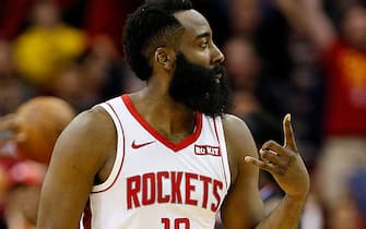 HOUSTON, TEXAS - NOVEMBER 13: James Harden #13 of the Houston Rockets after hitting a three point shot against the Los Angeles Clippers at Toyota Center on November 13, 2019 in Houston, Texas. NOTE TO USER: User expressly acknowledges and agrees that, by downloading and/or using this photograph, user is consenting to the terms and conditions of the Getty Images License Agreement.  (Photo by Bob Levey/Getty Images)