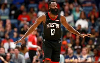 NEW ORLEANS, LOUISIANA - NOVEMBER 11: James Harden #13 of the Houston Rockets stands on the court during a NBA game against the New Orleans Pelicans at the Smoothie King Center on November 11, 2019 in New Orleans, Louisiana. NOTE TO USER: User expressly acknowledges and agrees that, by downloading and or using this photograph, User is consenting to the terms and conditions of the Getty Images License Agreement. (Photo by Sean Gardner/Getty Images)