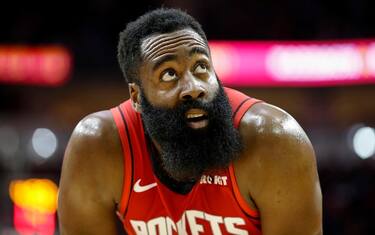 HOUSTON, TX - NOVEMBER 06:  James Harden #13 of the Houston Rockets reacts in the first half against the Golden State Warriors at Toyota Center on November 6, 2019 in Houston, Texas.    NOTE TO USER: User expressly acknowledges and agrees that, by downloading and or using this photograph, User is consenting to the terms and conditions of the Getty Images License Agreement.  (Photo by Tim Warner/Getty Images)