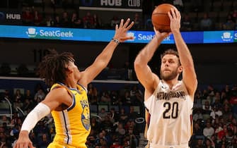 NEW ORLEANS, LA - NOVEMBER 17: Nicolo Melli #20 of the New Orleans Pelicans shoots the ball against the Golden State Warriors on November 17, 2019 at the Smoothie King Center in New Orleans, Louisiana. NOTE TO USER: User expressly acknowledges and agrees that, by downloading and or using this Photograph, user is consenting to the terms and conditions of the Getty Images License Agreement. Mandatory Copyright Notice: Copyright 2019 NBAE (Photo by Layne Murdoch Jr./NBAE via Getty Images)