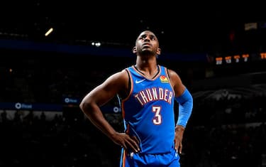 SAN ANTONIO, TX - NOVEMBER 7: Chris Paul #3 of the Oklahoma City Thunder looks on against the San Antonio Spurs on November 7, 2019 at the AT&T Center in San Antonio, Texas. NOTE TO USER: User expressly acknowledges and agrees that, by downloading and or using this photograph, user is consenting to the terms and conditions of the Getty Images License Agreement. Mandatory Copyright Notice: Copyright 2019 NBAE (Photos by Logan Riely/NBAE via Getty Images)