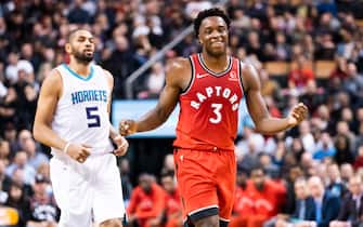 TORONTO, ONTARIO - NOVEMBER 18: OG Anunoby #3 of the Toronto Raptors smiles during play against the Charlotte Hornets during their NBA basketball game at Scotiabank Arena on November 18, 2019 in Toronto, Canada. NOTE TO USER: User expressly acknowledges and agrees that, by downloading and or using this photograph, User is consenting to the terms and conditions of the Getty Images Agreement. (Photo by Mark Blinch/Getty Images)