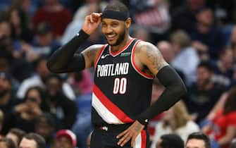 Nov 19, 2019; New Orleans, LA, USA; Portland Trail Blazers forward Carmelo Anthony (00) smiles in the second half against the New Orleans Pelicans at the Smoothie King Center. Mandatory Credit: Chuck Cook-USA TODAY Sports