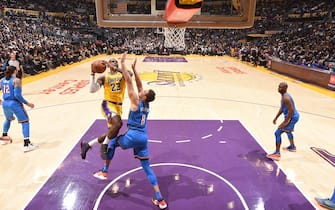 1183560463 LOS ANGELES, CA - NOVEMBER 19: LeBron James #23 of the Los Angeles Lakers shoots the ball against the Oklahoma City Thunder on November 19, 2019 at STAPLES Center in Los Angeles, California. NOTE TO USER: User expressly acknowledges and agrees that, by downloading and/or using this Photograph, user is consenting to the terms and conditions of the Getty Images License Agreement. Mandatory Copyright Notice: Copyright 2019 NBAE (Photo by Andrew D. Bernstein/NBAE via Getty Images)
