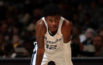 MEMPHIS, TN - NOVEMBER 19: Ja Morant #12 of the Memphis Grizzlies looks on against the Golden State Warriors on November 19, 2019 at FedExForum in Memphis, Tennessee. NOTE TO USER: User expressly acknowledges and agrees that, by downloading and or using this photograph, User is consenting to the terms and conditions of the Getty Images License Agreement. Mandatory Copyright Notice: Copyright 2019 NBAE (Photo by Joe Murphy/NBAE via Getty Images)