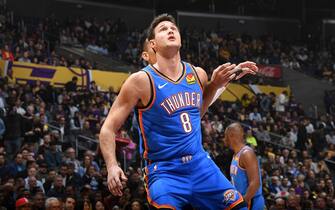 LOS ANGELES, CA - NOVEMBER 19: Danilo Gallinari #8 of the Oklahoma City Thunder looks to rebound against the Los Angeles Lakers on November 19, 2019 at STAPLES Center in Los Angeles, California. NOTE TO USER: User expressly acknowledges and agrees that, by downloading and/or using this Photograph, user is consenting to the terms and conditions of the Getty Images License Agreement. Mandatory Copyright Notice: Copyright 2019 NBAE (Photo by Andrew D. Bernstein/NBAE via Getty Images)