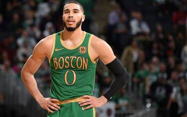 BOSTON, MA - NOVEMBER 27: Jayson Tatum #0 of the Boston Celtics looks on against the Brooklyn Nets on November 27, 2019 at the TD Garden in Boston, Massachusetts. NOTE TO USER: User expressly acknowledges and agrees that, by downloading and or using this photograph, User is consenting to the terms and conditions of the Getty Images License Agreement. Mandatory Copyright Notice: Copyright 2019 NBAE (Photo by Brian Babineau/NBAE via Getty Images)