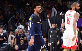 1183680793 DENVER, CO - NOVEMBER 20: Jamal Murray #27 of the Denver Nuggets reacts during a game against the Houston Rockets on November 20, 2019 at the Pepsi Center in Denver, Colorado. NOTE TO USER: User expressly acknowledges and agrees that, by downloading and/or using this Photograph, user is consenting to the terms and conditions of the Getty Images License Agreement. Mandatory Copyright Notice: Copyright 2019 NBAE (Photo by Bart Young/NBAE via Getty Images)