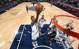 MINNEAPOLIS, MN -  NOVEMBER 20: Andrew Wiggins #22 of the Minnesota Timberwolves shoots the ball against the Utah Jazz on November 20, 2019 at Target Center in Minneapolis, Minnesota. NOTE TO USER: User expressly acknowledges and agrees that, by downloading and or using this Photograph, user is consenting to the terms and conditions of the Getty Images License Agreement. Mandatory Copyright Notice: Copyright 2019 NBAE (Photo by David Sherman/NBAE via Getty Images)