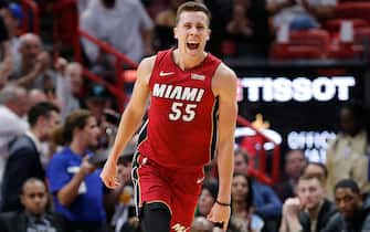 MIAMI, FLORIDA - NOVEMBER 20:  Duncan Robinson #55 of the Miami Heat reacts after making a three-pointer against the Cleveland Cavaliers during the first half at American Airlines Arena on November 20, 2019 in Miami, Florida. NOTE TO USER: User expressly acknowledges and agrees that, by downloading and/or using this photograph, user is consenting to the terms and conditions of the Getty Images License Agreement.  (Photo by Michael Reaves/Getty Images)