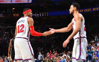 PHILADELPHIA, PA - NOVEMBER 22: Tobias Harris #12 of the Philadelphia 76ers and Ben Simmons #25 of the Philadelphia 76ers high-five during a game against the San Antonio Spurs on November 22, 2019 at the Wells Fargo Center in Philadelphia, Pennsylvania NOTE TO USER: User expressly acknowledges and agrees that, by downloading and/or using this Photograph, user is consenting to the terms and conditions of the Getty Images License Agreement. Mandatory Copyright Notice: Copyright 2019 NBAE (Photo by Jesse D. Garrabrant/NBAE via Getty Images)