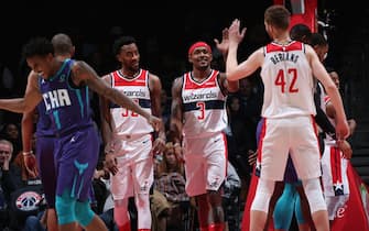 WASHINGTON, DC -¬† NOVEMBER 22: Bradley Beal #3 and Davis Bertans #42 of the Washington Wizards hi-five during a game against the Charlotte Hornets on November 22, 2019 at Capital One Arena in Washington, DC. NOTE TO USER: User expressly acknowledges and agrees that, by downloading and or using this Photograph, user is consenting to the terms and conditions of the Getty Images License Agreement. Mandatory Copyright Notice: Copyright 2019 NBAE (Photo by Ned Dishman/NBAE via Getty Images)