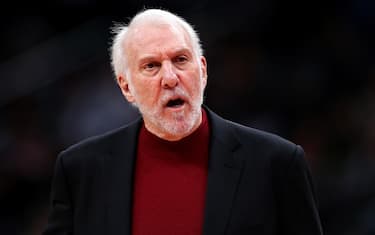 WASHINGTON, DC - NOVEMBER 20: Head coach Gregg Popovich of the San Antonio Spurs talks win an official in the first half against the Washington Wizards at Capital One Arena on November 20, 2019 in Washington, DC.  NOTE TO USER: User expressly acknowledges and agrees that, by downloading and/or using this photograph, user is consenting to the terms and conditions of the Getty Images License Agreement.  (Photo by Rob Carr/Getty Images)