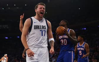 NEW YORK, NEW YORK - NOVEMBER 14: Luka Doncic #77 of the Dallas Mavericks in action against the New York Knicks at Madison Square Garden on November 14, 2019 in New York City. New York Knicks defeated the Dallas Mavericks 106-103. NOTE TO USER: User expressly acknowledges and agrees that, by downloading and or using this photograph, User is consenting to the terms and conditions of the Getty Images License Agreement. Mandatory Copyright Notice: Copyright 2019 NBAE (Photo by Mike Stobe/Getty Images)