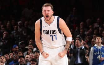 NEW YORK, NY - NOVEMBER 14: Luka Doncic #77 of the Dallas Mavericks celebrates during a game against the New York Knicks on November 14, 2019 at Madison Square Garden in New York City, New York.  NOTE TO USER: User expressly acknowledges and agrees that, by downloading and or using this photograph, User is consenting to the terms and conditions of the Getty Images License Agreement. Mandatory Copyright Notice: Copyright 2019 NBAE  (Photo by Nathaniel S. Butler/NBAE via Getty Images)