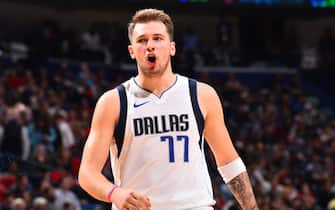 NEW ORLEANS, LA - OCTOBER 25: Luka Doncic #77 of the Dallas Mavericks reacts during a game against the New Orleans Pelicans on October 25, 2019 at the Smoothie King Center in New Orleans, Louisiana. NOTE TO USER: User expressly acknowledges and agrees that, by downloading and or using this Photograph, user is consenting to the terms and conditions of the Getty Images License Agreement. Mandatory Copyright Notice: Copyright 2019 NBAE (Photo by Jesse D. Garrabrant/NBAE via Getty Images)