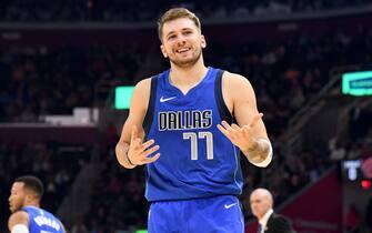 CLEVELAND, OHIO - NOVEMBER 03: Luka Doncic #77 of the Dallas Mavericks reacts after hitting a three during the first half against the Cleveland Cavaliers at Rocket Mortgage Fieldhouse on November 03, 2019 in Cleveland, Ohio. NOTE TO USER: User expressly acknowledges and agrees that, by downloading and/or using this photograph, user is consenting to the terms and conditions of the Getty Images License Agreement. (Photo by Jason Miller/Getty Images)