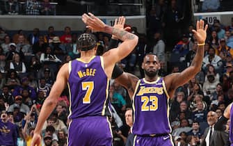 MEMPHIS, TN - NOVEMBER 23: JaVale McGee #7 and LeBron James #23 of the Los Angeles Lakers hi-five during a game against the Memphis Grizzlies on November 23, 2019 at FedExForum in Memphis, Tennessee. NOTE TO USER: User expressly acknowledges and agrees that, by downloading and or using this photograph, User is consenting to the terms and conditions of the Getty Images License Agreement. Mandatory Copyright Notice: Copyright 2019 NBAE (Photo by Joe Murphy/NBAE via Getty Images)