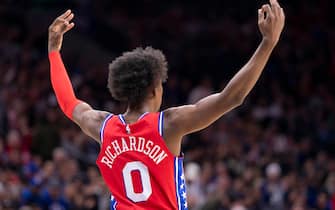PHILADELPHIA, PA - NOVEMBER 23: Josh Richardson #0 of the Philadelphia 76ers reacts after making a three point basket against the Miami Heat in the fourth quarter at the Wells Fargo Center on November 23, 2019 in Philadelphia, Pennsylvania. The 76ers defeated the Heat 113-86. NOTE TO USER: User expressly acknowledges and agrees that, by downloading and/or using this photograph, user is consenting to the terms and conditions of the Getty Images License Agreement. (Photo by Mitchell Leff/Getty Images)