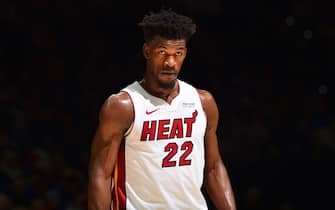 PHILADELPHIA, PA - NOVEMBER 23: Jimmy Butler #22 of the Miami Heat looks on during a game against the Philadelphia 76ers on November 23, 2019 at the Wells Fargo Center in Philadelphia, Pennsylvania NOTE TO USER: User expressly acknowledges and agrees that, by downloading and/or using this Photograph, user is consenting to the terms and conditions of the Getty Images License Agreement. Mandatory Copyright Notice: Copyright 2019 NBAE (Photo by Jesse D. Garrabrant/NBAE via Getty Images)