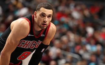 CHARLOTTE, NC - NOVEMBER 23: Zach LaVine #8 of the Chicago Bulls looks on against the Charlotte Hornets on November 23, 2019 at Spectrum Center in Charlotte, North Carolina. NOTE TO USER: User expressly acknowledges and agrees that, by downloading and or using this photograph, User is consenting to the terms and conditions of the Getty Images License Agreement.  Mandatory Copyright Notice:  Copyright 2019 NBAE (Photo by Kent Smith/NBAE via Getty Images)