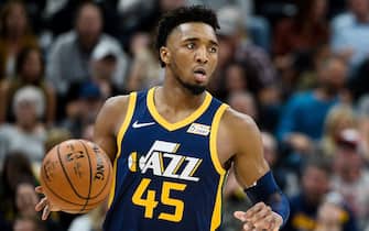 SALT LAKE CITY, UT - NOVEMBER 23:  Donovan Mitchell #45 of the Utah Jazz in action during a game against the New Orleans Pelicans at Vivint Smart Home Arena on November 23, 2019 in Salt Lake City, Utah. NOTE TO USER: User expressly acknowledges and agrees that, by downloading and/or using this photograph, user is consenting to the terms and conditions of the Getty Images License Agreement.  (Photo by Alex Goodlett/Getty Images) *** Local Caption *** Donovan Mitchell