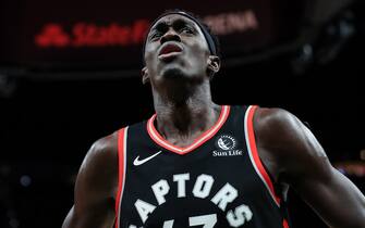 ATLANTA, GA - NOVEMBER 23: Pascal Siakam #43 of the Toronto Raptors reacts during the third quarter of a game against the Atlanta Hawks at State Farm Arena on November 23, 2019 in Atlanta, Georgia. NOTE TO USER: User expressly acknowledges and agrees that, by downloading and or using this photograph, User is consenting to the terms and conditions of the Getty Images License Agreement. (Photo by Carmen Mandato/Getty Images)