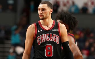 CHARLOTTE, NC - NOVEMBER 23: Zach LaVine #8 of the Chicago Bulls looks on against the Charlotte Hornets on November 23, 2019 at Spectrum Center in Charlotte, North Carolina. NOTE TO USER: User expressly acknowledges and agrees that, by downloading and or using this photograph, User is consenting to the terms and conditions of the Getty Images License Agreement.  Mandatory Copyright Notice:  Copyright 2019 NBAE (Photo by Kent Smith/NBAE via Getty Images)