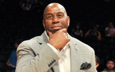 LOS ANGELES, CA - DECEMBER 03: Magic Johnson attends a basketball game between the Los Angeles Lakers and the Houston Rockets at Staples Center on December 3, 2017 in Los Angeles, California.  (Photo by Allen Berezovsky/Getty Images)