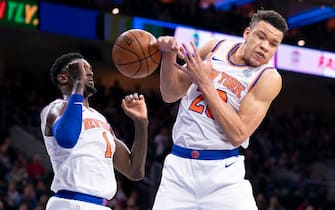 PHILADELPHIA, PA - NOVEMBER 20: Bobby Portis #1 and Kevin Knox II #20 of the New York Knicks go up for the ball against the Philadelphia 76ers at the Wells Fargo Center on November 20, 2019 in Philadelphia, Pennsylvania. NOTE TO USER: User expressly acknowledges and agrees that, by downloading and/or using this photograph, user is consenting to the terms and conditions of the Getty Images License Agreement. (Photo by Mitchell Leff/Getty Images)