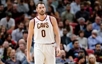MIAMI, FLORIDA - NOVEMBER 20: Kevin Love #0 of the Cleveland Cavaliers looks on against the Miami Heat during the first half at American Airlines Arena on November 20, 2019 in Miami, Florida. NOTE TO USER: User expressly acknowledges and agrees that, by downloading and/or using this photograph, user is consenting to the terms and conditions of the Getty Images License Agreement.  (Photo by Michael Reaves/Getty Images)