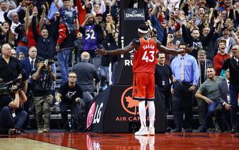 TORONTO, ON - NOVEMBER 25:  Pascal Siakam #43 of the Toronto Raptors reacts after dunking the ball at the end of an NBA game against the Philadelphia 76ers at Scotiabank Arena on November 25, 2019 in Toronto, Canada.  NOTE TO USER: User expressly acknowledges and agrees that, by downloading and or using this photograph, User is consenting to the terms and conditions of the Getty Images License Agreement.  (Photo by Vaughn Ridley/Getty Images)