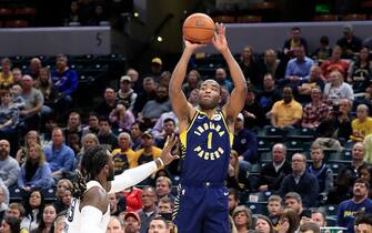 INDIANAPOLIS, INDIANA - NOVEMBER 25: T.J. Warren #1 of the Indiana Pacers shoots the ball against the  Memphis Grizzlies at Bankers Life Fieldhouse on November 25, 2019 in Indianapolis, Indiana.  NOTE TO USER: User expressly acknowledges and agrees that, by downloading and or using this photograph, User is consenting to the terms and conditions of the Getty Images License Agreement. (Photo by Andy Lyons/Getty Images)