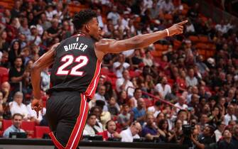 MIAMI, FL - NOVEMBER 3: Jimmy Butler #22 of the Miami Heat reacts to a play against the Houston Rockets on November 3, 2019 at American Airlines Arena in Miami, Florida. NOTE TO USER: User expressly acknowledges and agrees that, by downloading and or using this Photograph, user is consenting to the terms and conditions of the Getty Images License Agreement. Mandatory Copyright Notice: Copyright 2019 NBAE (Photo by Issac Baldizon/NBAE via Getty Images)